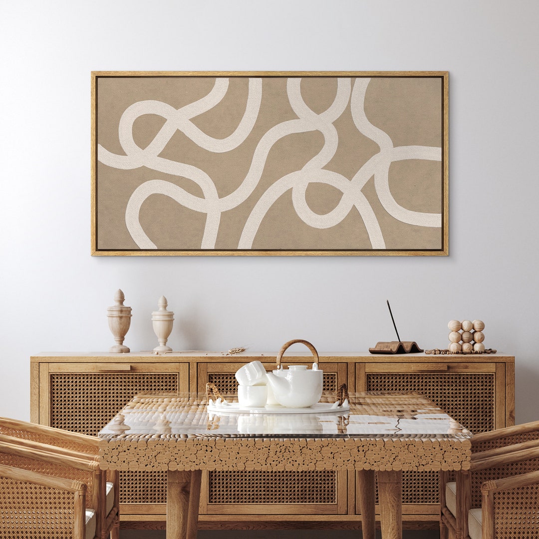 Framed Canvas Large Wall Art Abstract Beige Geometric Line Horizontal ...