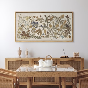 Large Framed Botanical Wildflower Collage Wall Art, Pressed Flowers Ferns Herbarium Style Canvas Print, Vintage Living Room Decor
