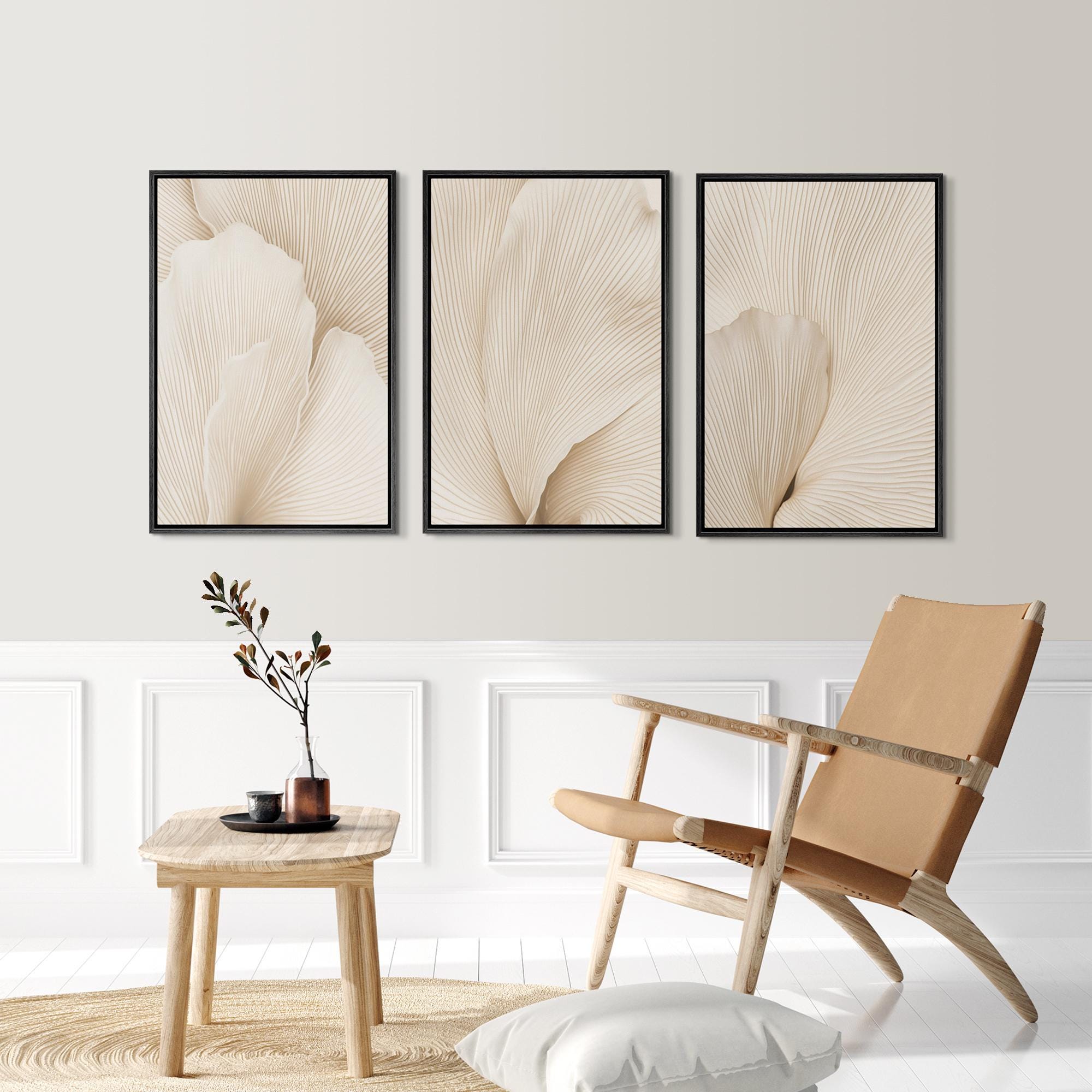 Neutral Wall Art, Botanical Art, Set of 3 Framed Canvas Beige Flower ...