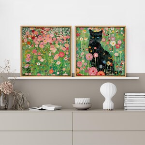 2 Pieces Framed Canvas Wall Art Gustav Klimt Black Cat in Wildflower ...