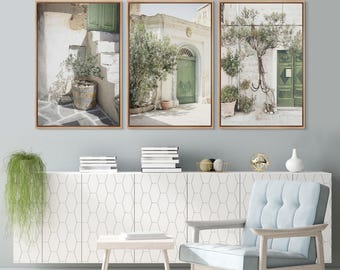 Mediterranean Photo Set of 3 - Framed Rustic Door & Olive Tree Canvas Prints, Vintage European Street Art for Tuscan or Cottagecore Decor