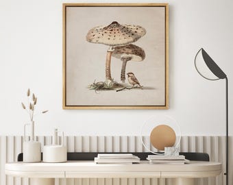 Vintage Mushroom & Bird Wall Art, Framed Botanical Nature Canvas Print, Rustic Woodland Artwork for Kitchen, Study, or Cottagecore Decor