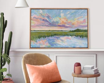 Framed Colorful Sky Landscape Wall Art, Pastel Sunset Reflection Canvas Print, Modern Nature Decor for Living Room Bedroom