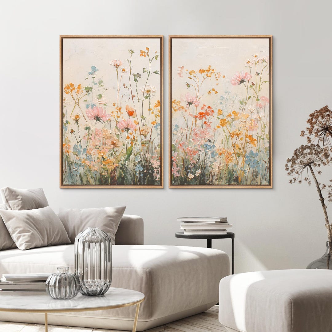 Framed Pastel Wildflower Wall Art Set of 2, Cottagecore Floral Meadow ...