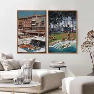 Glamorous Riviera Lifestyle Wall Art Set of 2 - Framed Retro Coastal Photography, Vintage Vacation Vibe Canvas Prints for Beach House Decor