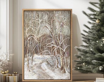 Framed Canvas Wall Art Vintage Winter Wall Art Winter Forest Landscape Canvas Print Country Farmhouse Print Antique Holiday Wall Decor