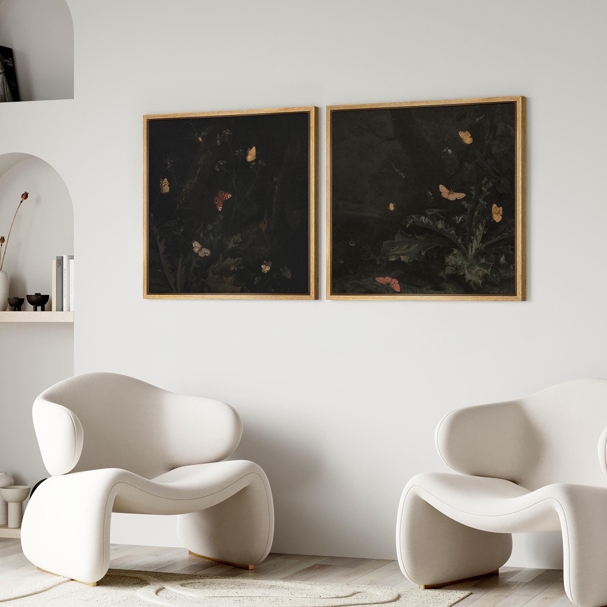 Dark Botanical Butterfly Wall Art Set of 2, Framed Vintage Insect ...