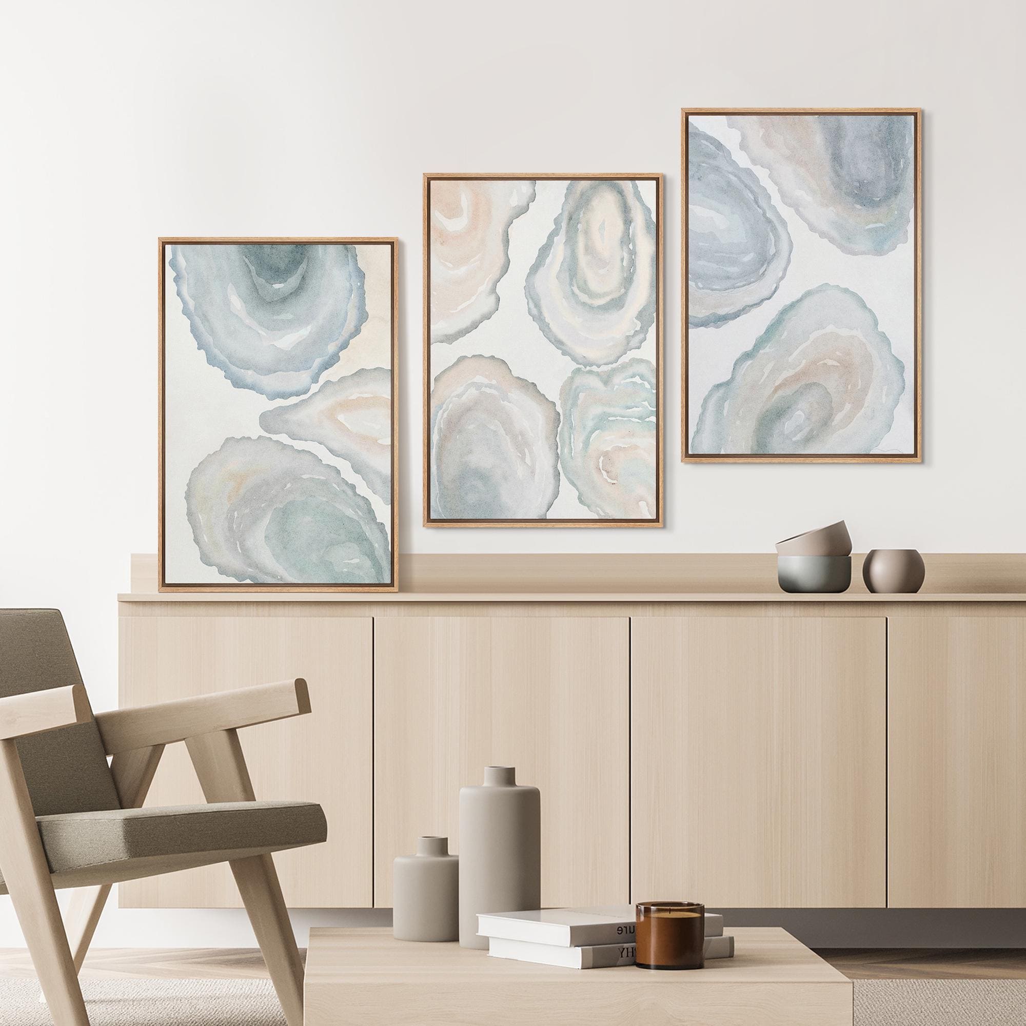 Oyster Shell Wall Art Set of 3 - Framed Coastal Watercolor Prints, Blue ...