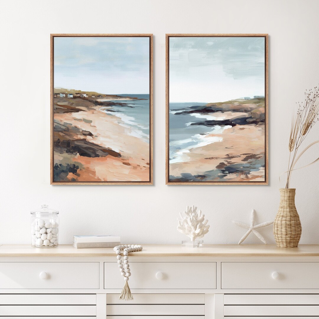 Framed Canvas Wall Art Beach Shore Ocean Landscape Nautical Mid-century ...