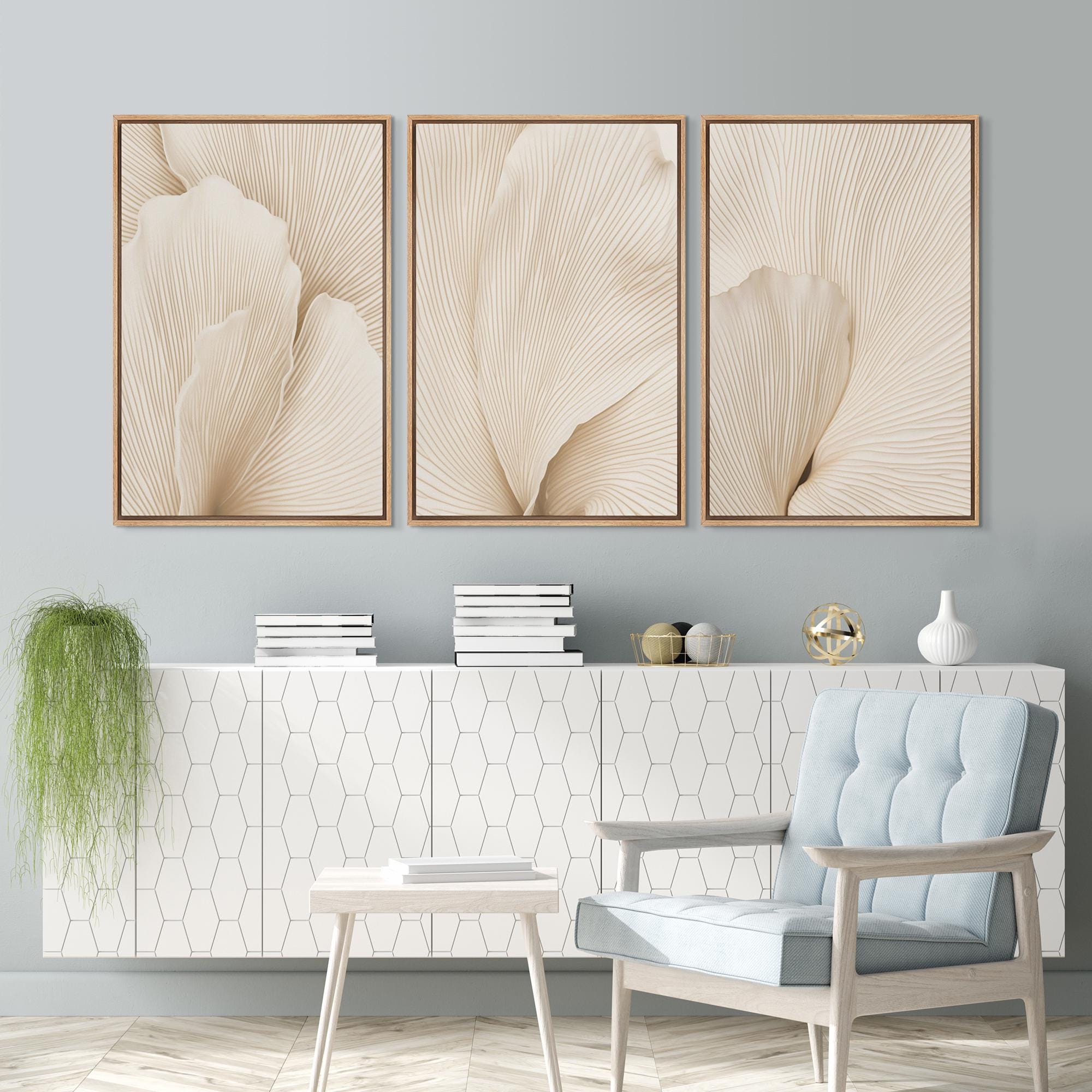 Neutral Wall Art, Botanical Art, Set of 3 Framed Canvas Beige Flower ...
