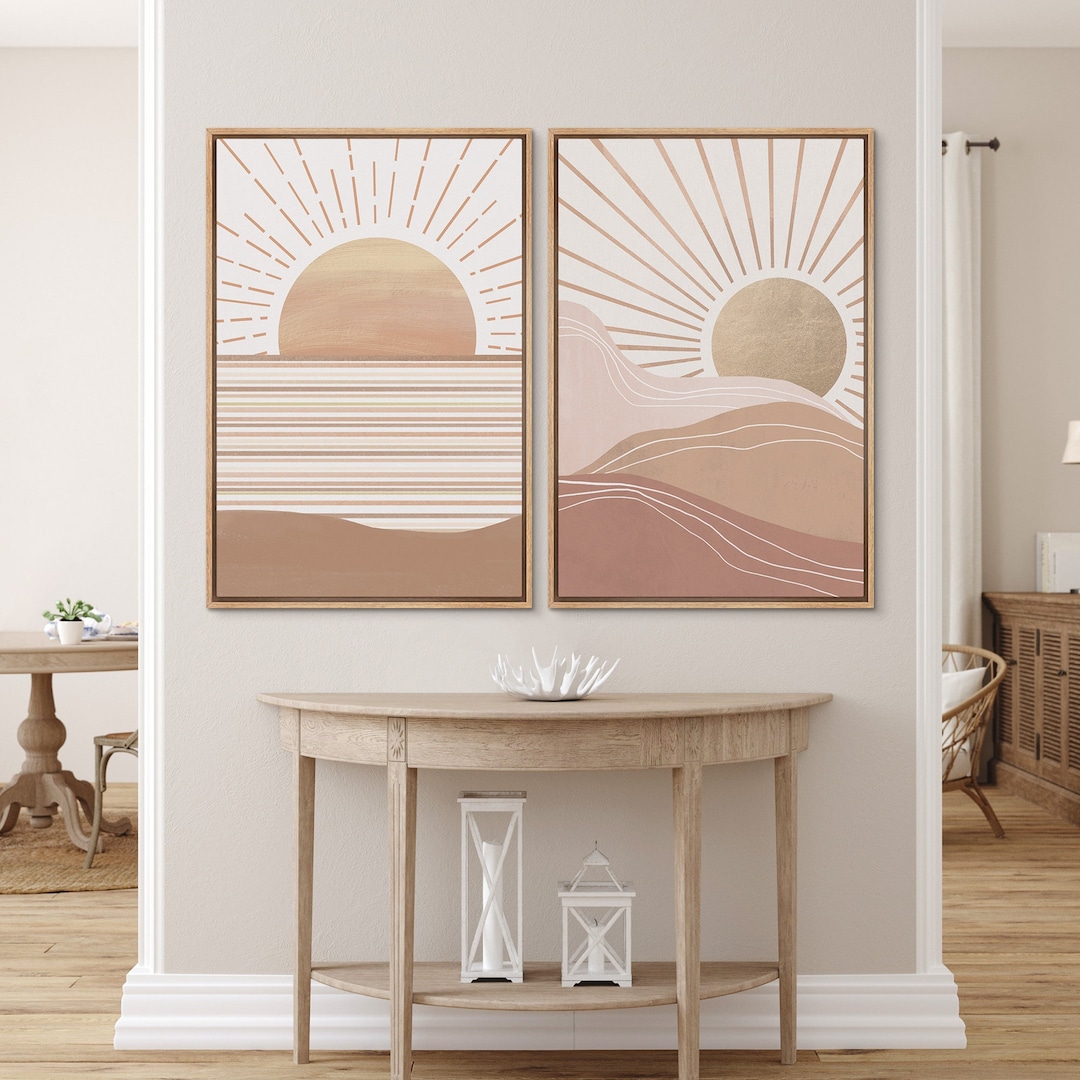 Framed Canvas Wall Art Set Desert Landscape Sun With Rays Mountain ...