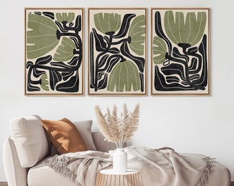 Scandinavian Abstract Floral Wall Art Set of 3, Framed Modern Green Leaf Canvas Prints, Minimalist Nature Decor for Living Room