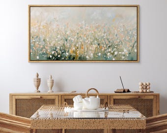 Framed Canvas Large Wall Art, Abstract Wildflower Field Prints, Soft Pastel Floral Painting, Impressionist Meadow Artwork, Rustic Home Decor