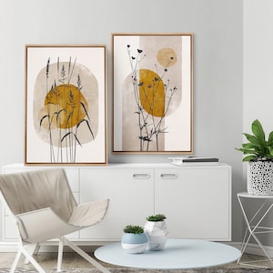 Framed Canvas Print Wall Art Set Mid-Century Modern Forest Flower Plants Nature Wilderness Illustrations Modern Art Rustic Decorative