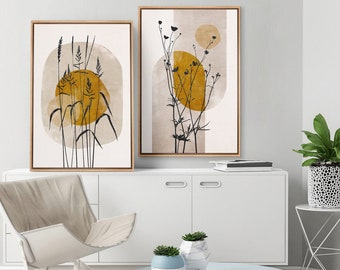 Framed Canvas Print Wall Art Set Mid-Century Modern Forest Flower Plants Nature Wilderness Illustrations Modern Art Rustic Decorative