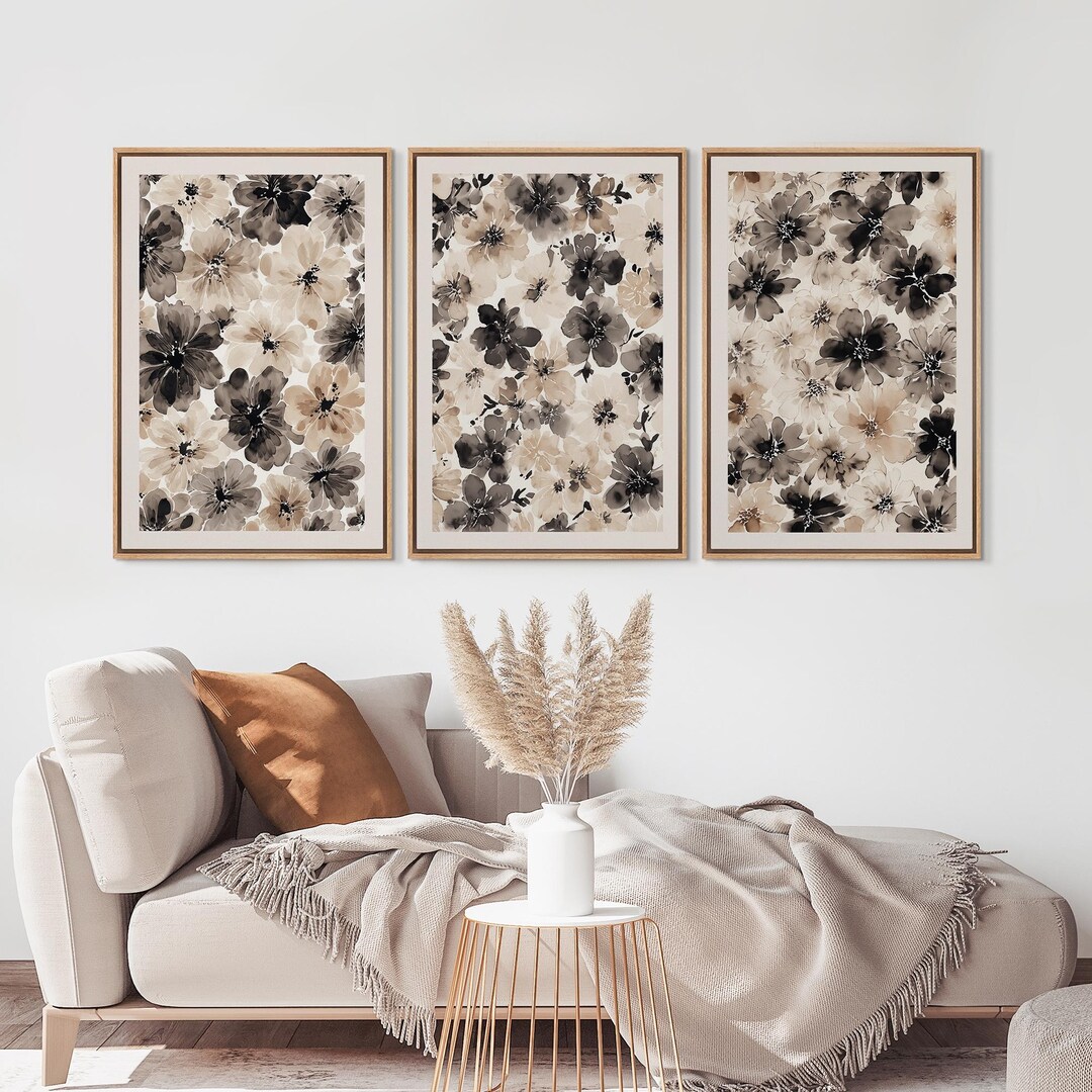 Neutral Black and Beige Floral Framed Wall Art Set of 3, Watercolor ...
