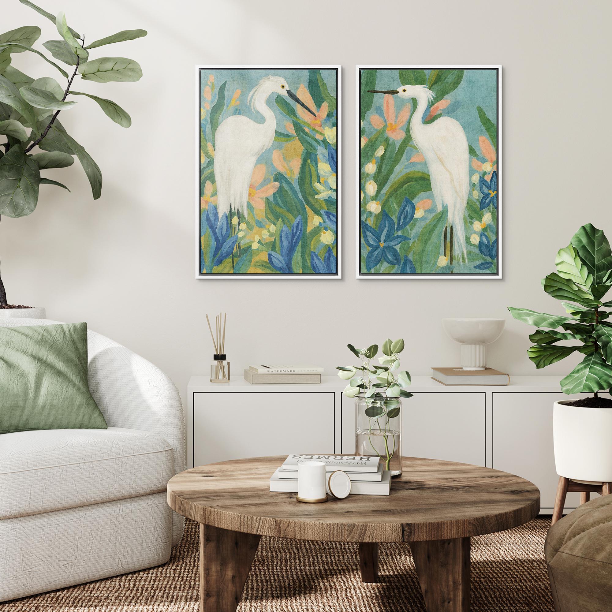 White Egret Wall Art - Set of 2 Framed Tropical Bird & Floral Canvas ...