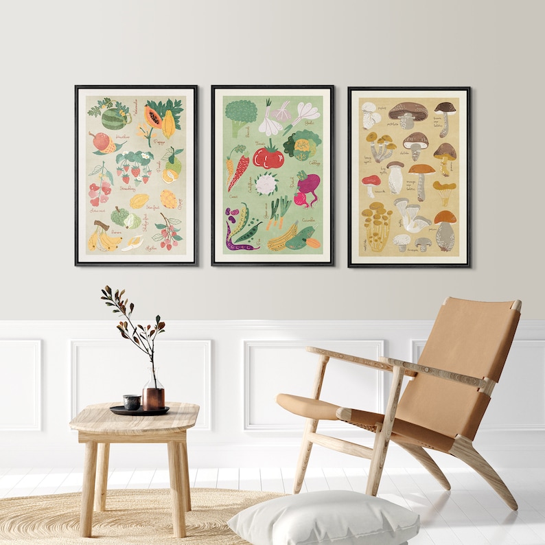May include: Three framed illustrations of different types of food. The first frame shows a variety of fruits, including papaya, bananas, and strawberries. The second frame shows a variety of vegetables, including broccoli, carrots, and tomatoes. The third frame shows a variety of mushrooms, including chanterelles, oyster mushrooms, and shiitake mushrooms.