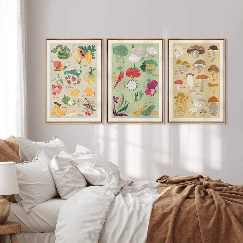 May include: Three framed illustrations of different fruits, vegetables, and mushrooms. The first frame features a variety of fruits, including watermelon, papaya, strawberries, and bananas. The second frame features vegetables, including cauliflower, tomatoes, garlic, and green beans. The third frame features mushrooms, including chanterelles, oyster mushrooms, and shiitake mushrooms.