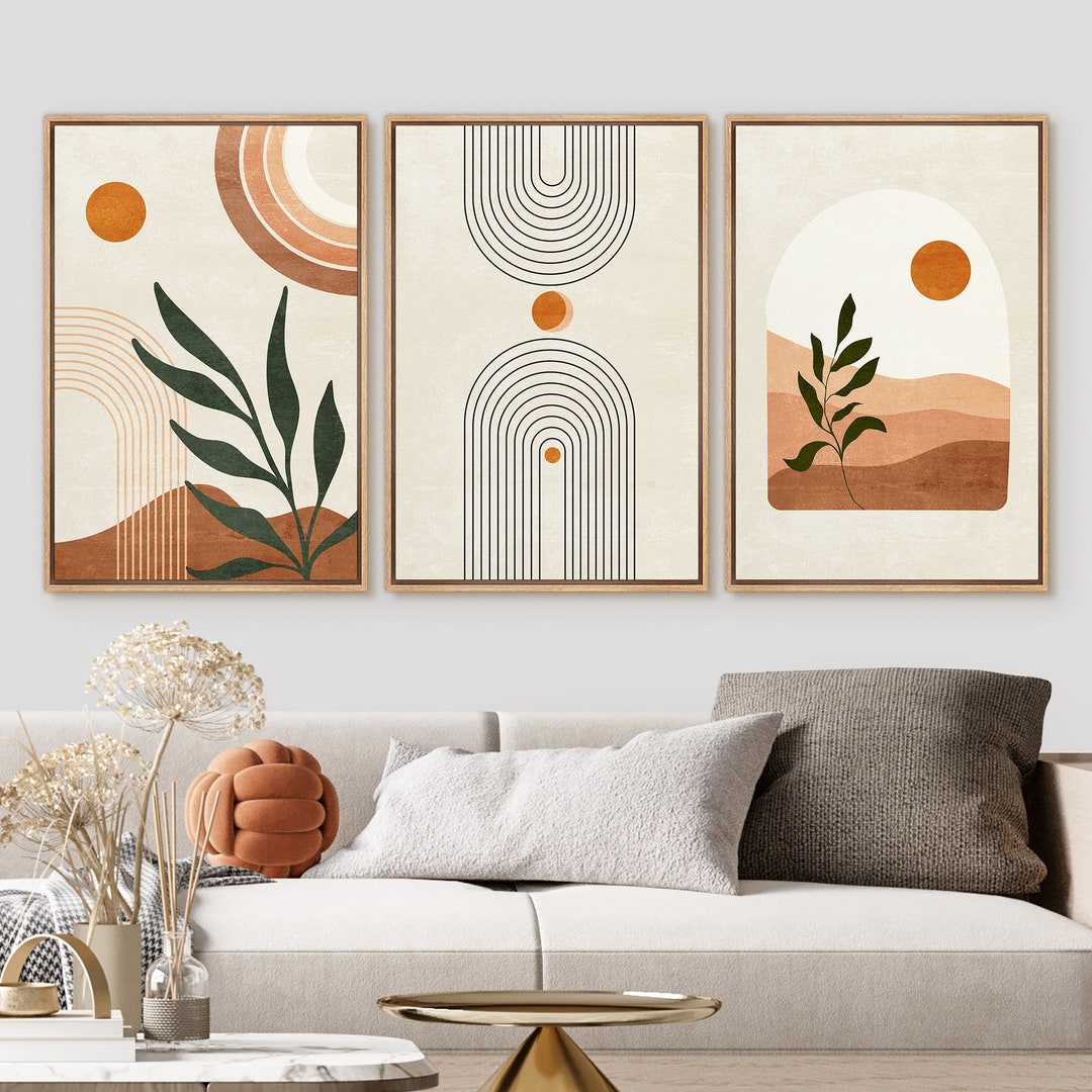 Tinonedraw Boho Mountain Framed Canvas Wall Art Set, Mid Century Modern Geometric Line Wall Decor, Bohemian Sun And Moon Art Paintings