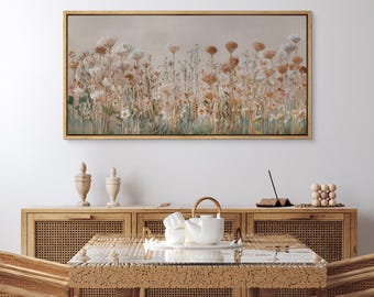 Large Framed Wildflower Meadow Wall Art, Neutral Pastel Floral Canvas Print, Romantic Impressionist Flower Field Artwork for Bedroom Decor