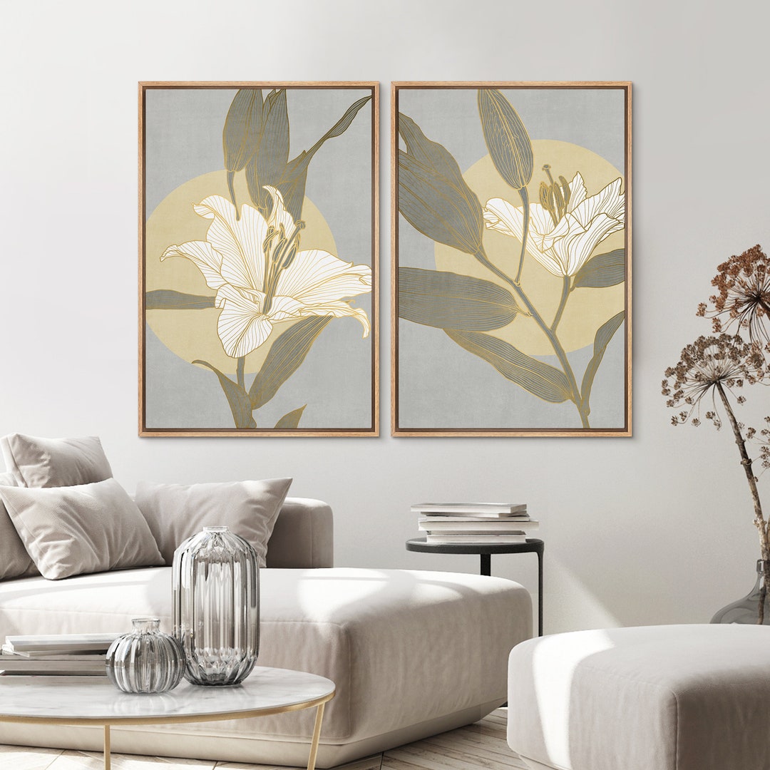 Framed Canvas Wall Art Set of 2 Green Tropical Leaf Botanical Flower ...