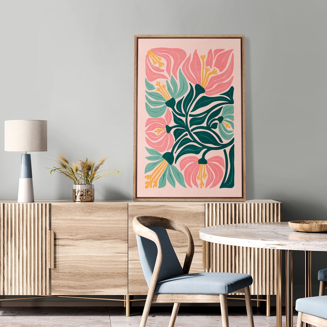 Framed Canvas Wall Art Mid-century Modern Pink & Green Flower Abstract ...