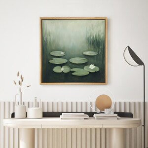Framed Canvas Wall Art Print Abstract Green Water Lilies by Claude Monet Prints Minimalist Modern Nature Wall Art Living Room Decor
