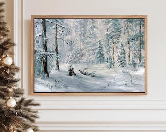 Framed Canvas Wall Art Snowy Winter Landscape Vintage Print Rustic Farmhouse Country Art Impressionist Oil Painting Christmas Holiday Decor