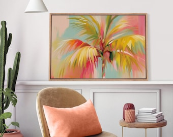 Tropical Palm Tree Wall Art - Framed Colorful Botanical Canvas Print, Vibrant Yellow & Pink Leaves for Coastal Summer-themed Spaces Decor