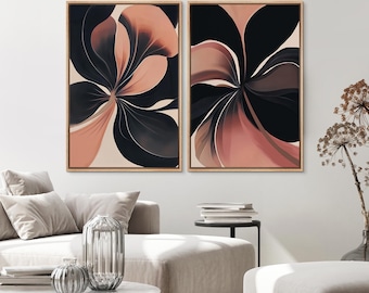 Framed Canvas Wall Art Prints Abstract Botanical Floral Set of 2 Modern Floral Boho Wall Art Bedroom Prints Mid Century Home Decor