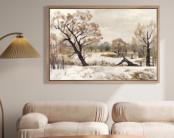 Framed Canvas Wall Art Snowy Winter Landscape Vintage Print Rustic Farmhouse Country Art Impressionist Oil Painting Christmas Holiday Decor