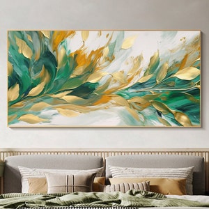 Abstract Leaves Oil Painting on Canvas, Original Gold Art Decor, Custom Green Plants Painting, Living room Wall Decor, Large Modern Wall Art