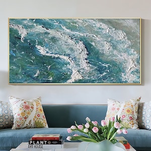 Large Abstract Seascape Oil Painting on Canvas, Original Blue Ocean Painting, Sea Wave Room Decor, Living room Home Decor, Textured Wall Art