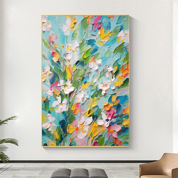 Abstract Nature Plants Oil Painting on Canvas, Original Colorful Flower Painting, Art Home Decor, Living room Wall Decor, Textured Wall Art