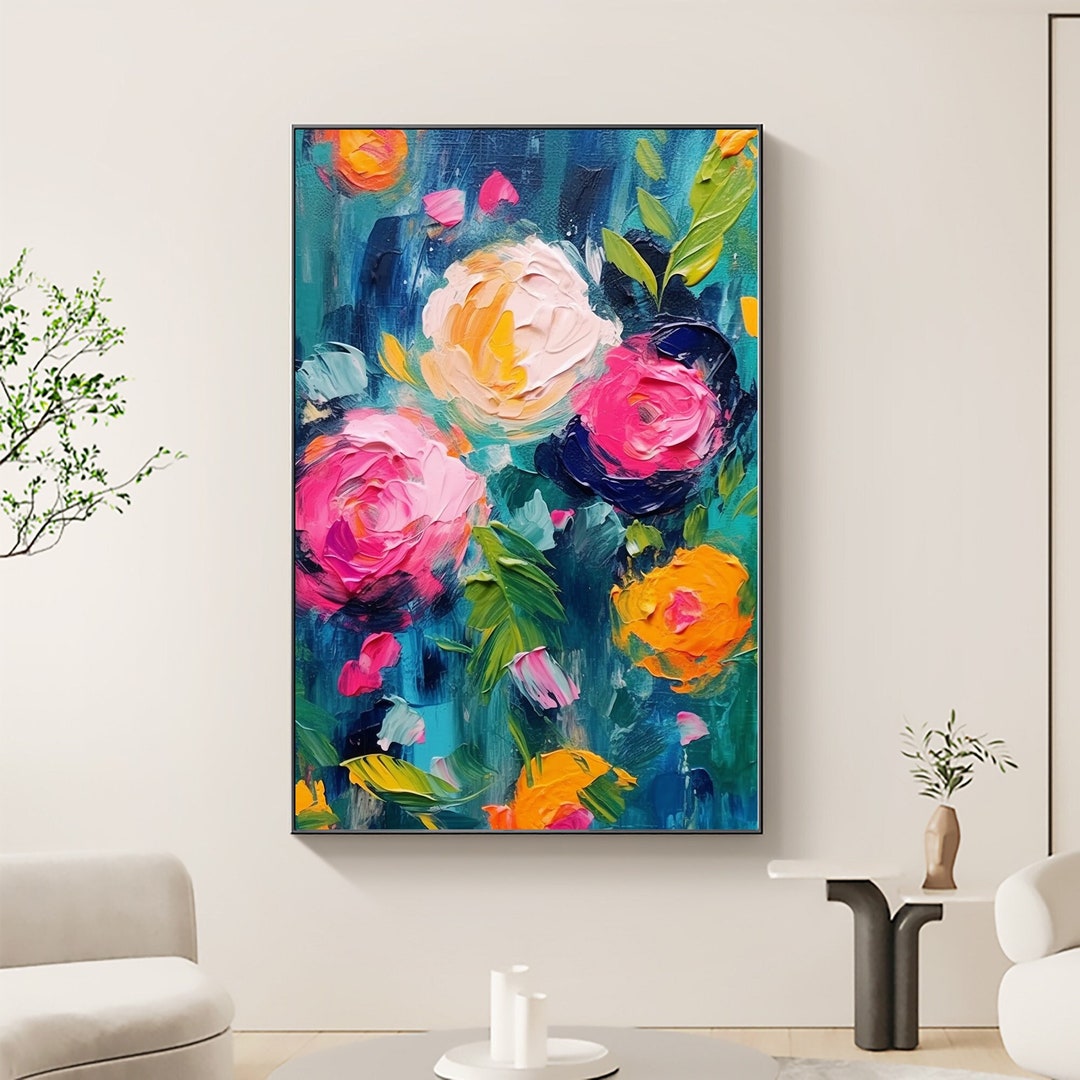 Abstract Flower Oil Painting on Canvas, Original Colorful Floral