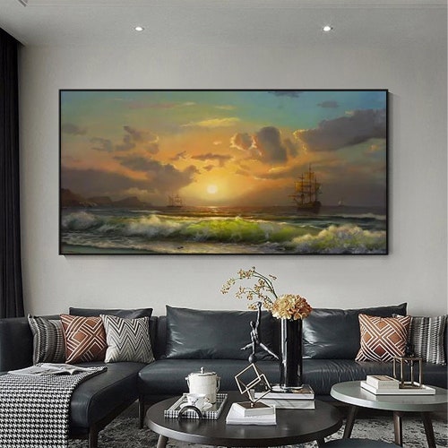 Large Original Sailboat Seascape Oil Painting on Canvas, Abstract Ocean Impasto Acrylic Painting Nautical Art Living Room Home Wall Art Deco shops