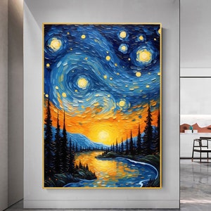 Large Abstract Starry Sky Oil Painting on Canvas, Original Impressionism Painting, Modern Living room Home Decor, Custom Textured Wall Art