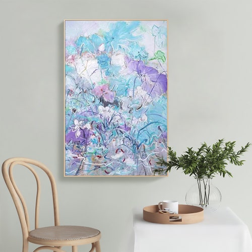 Original Blue cheapest Blossom Oil Painting on Canvas, Abstract Blooming Flower Acrylic Painting Modern Minimalist Floral Art Large Home Wall Decor