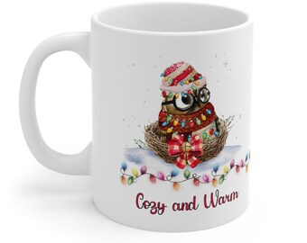 Cozy Owl in Nest Coffee Mug, Holiday Lights, 11 oz Ceramic