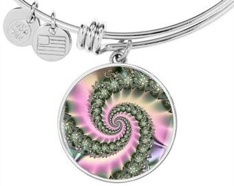 Spiral Flower Fractal Bangle, Personalized Engraving, Artistic Pendant