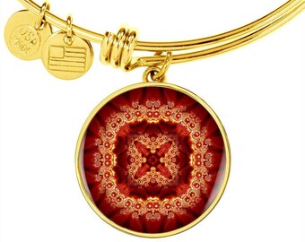 Fire Fractal Bangle Bracelet, Custom Engraved Pendant, 18k Gold or Steel