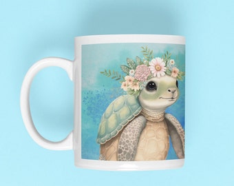Floral Turtle Coffee Mug, Sea Life Ocean Theme, 11oz Ceramic