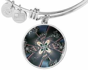 Personalized Flower Fractal Bangle Bracelet, Engraved Pendant, Gift Box