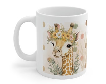 Floral Giraffe Coffee Mug, Whimsical Ceramic Mug, 11oz