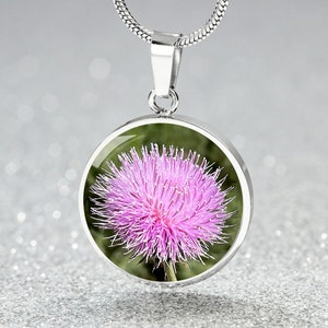 Personalized Pink Thistle Flower, Custom Pendant with Luxury Necklace - Personalized Engraving Available, Gift Box Included, Gift for Her
