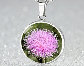 Personalized Pink Thistle Flower Pendant, Luxury Necklace, Engraving Available