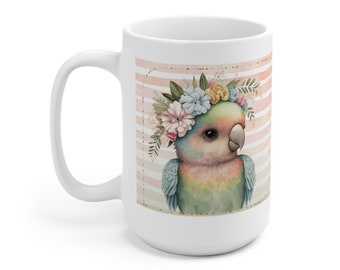 May include: White ceramic mug featuring a watercolor illustration of a colorful parrot wearing a floral crown. The background has pink and white stripes. The mug has a large handle.
