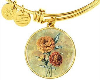 Personalized Marigold Pendant Bangle Bracelet, Vintage Floral Art