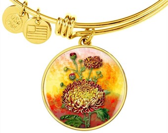 Personalized Chrysanthemum Pendant Bangle, Vintage Art Jewelry